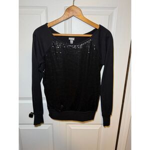 Vanity Black Sequin Front Long Sleeve Top Women's Medium Party Blouse